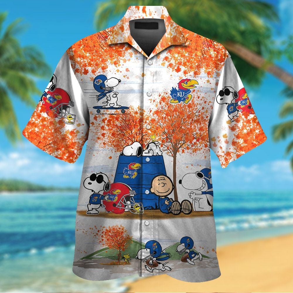 Kansas Jayhawks Snoopy Autumn Short Sleeve Button Up Tropical Aloha Hawaiian Shirts For Men Women Ncaa
