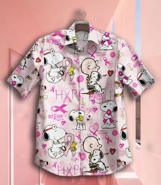Snoopy Breast Cancer Awareness Graphic Print Short Sleeve Hawaiian Casual Shirt 63