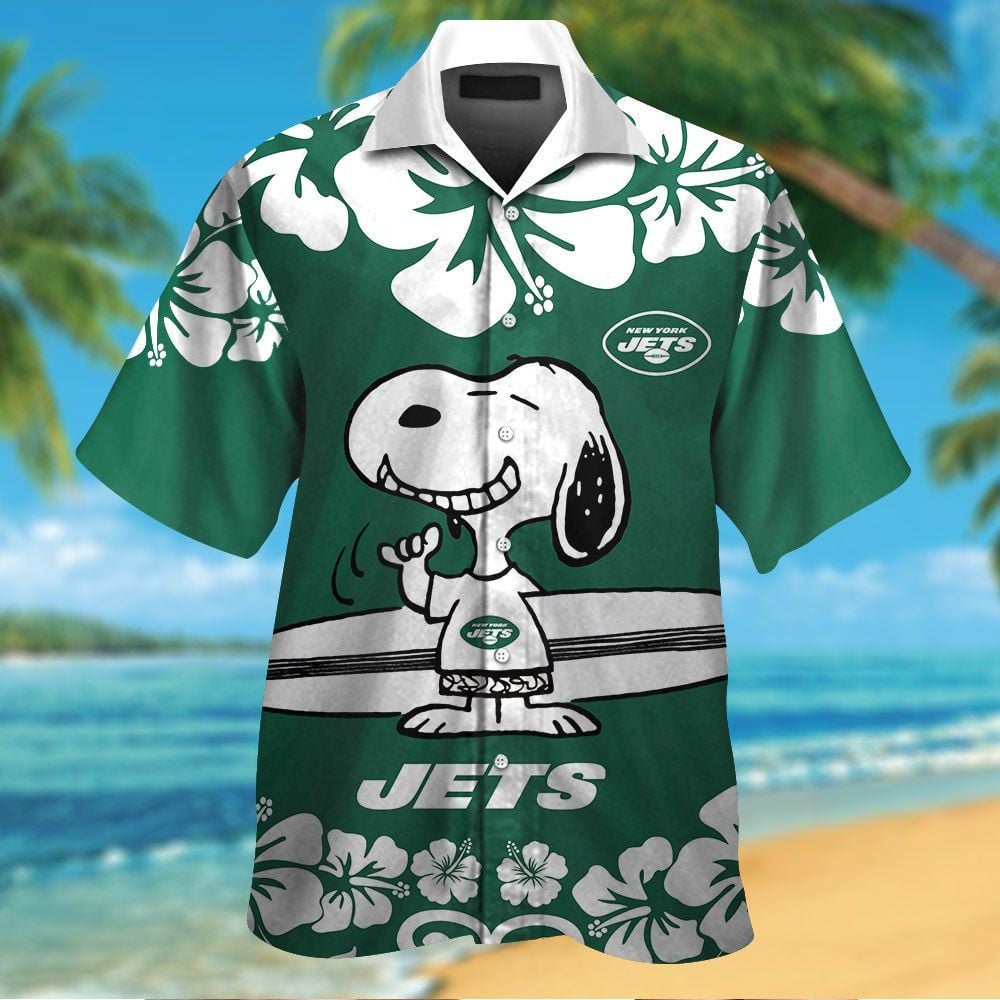 New York Jets & Snoopy Short Sleeve Button Up Tropical Aloha Hawaiian Shirts For Men Women Nfl