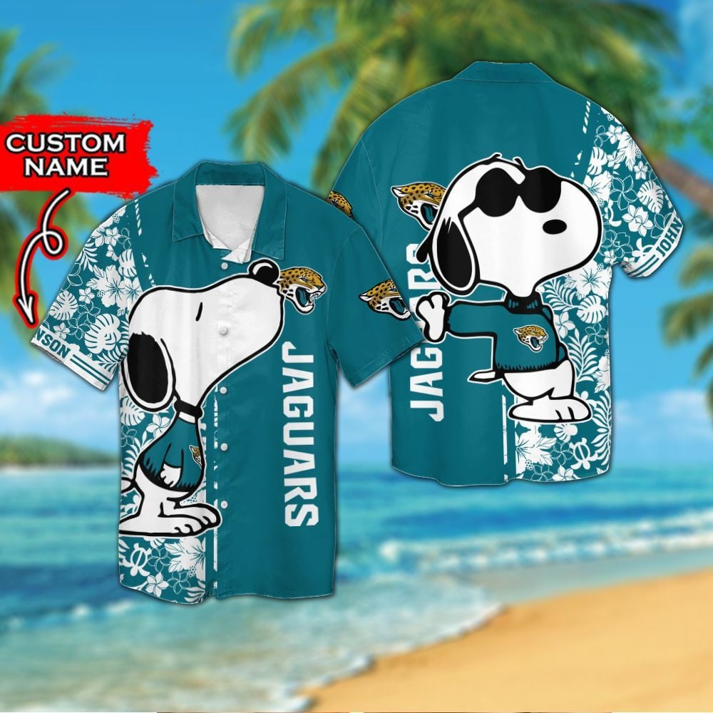 Jacksonville Jaguars & Snoopy Custom Personalized Short Sleeve Button Up Tropical Aloha Hawaiian Shirts For Men Women Nfl