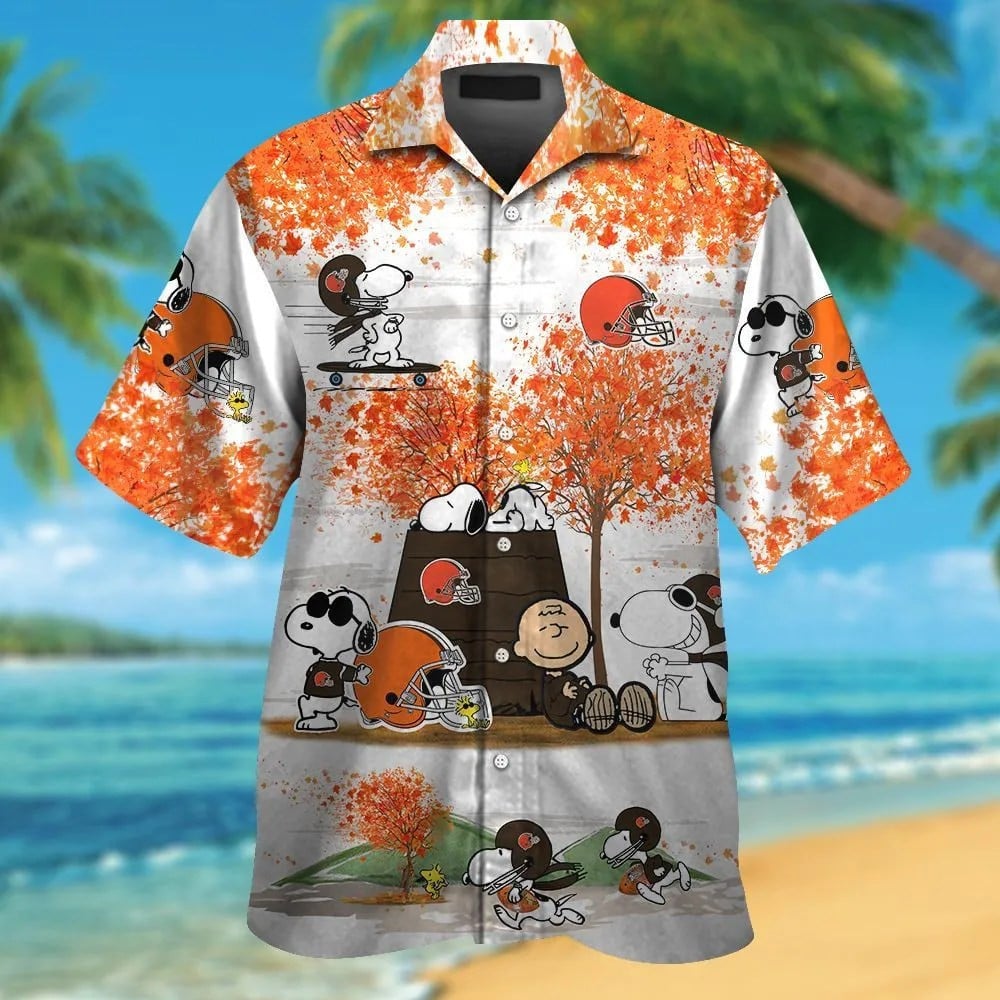 Cleveland Browns Snoopy Autumn Short Sleeve Button Up Tropical Aloha Hawaiian Shirts For Men Women Nfl