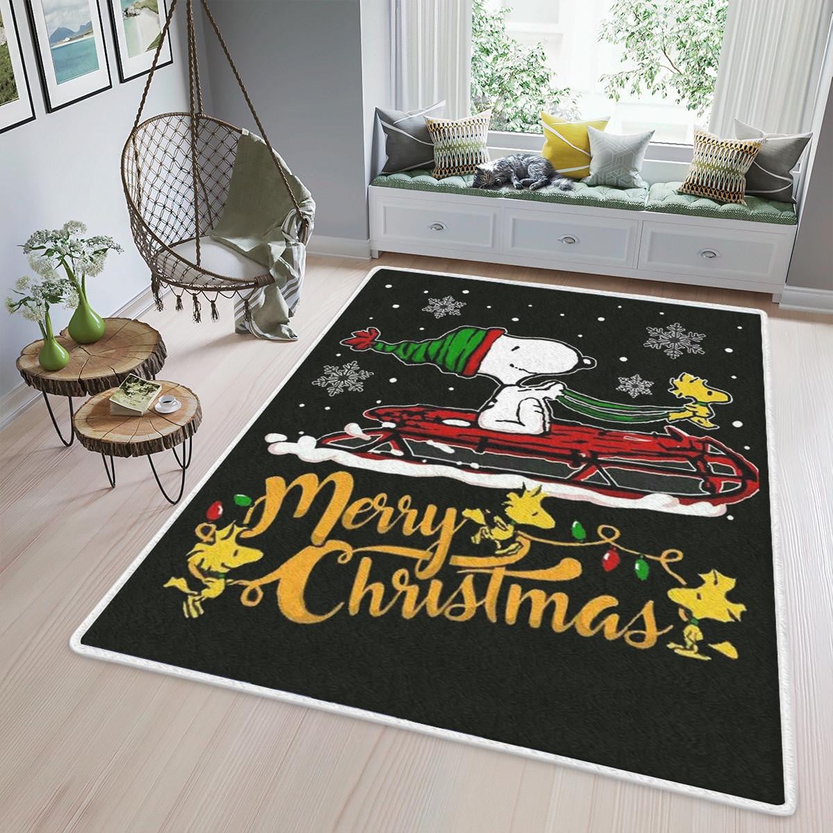 Merry Christmas Santa Snoopy With Woodstock Sleigh Gifts Lover Area Rug Living Room, Snoopy Gift For Fan Rug Home Decor Floor Decor