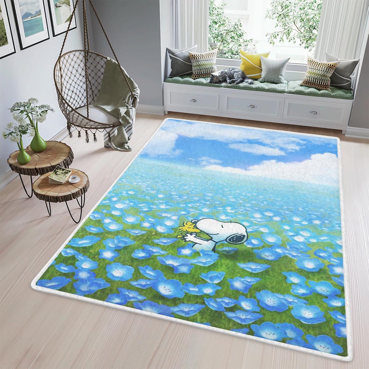 Funny Snoopy Area Rug Living Room, Peanuts Snoopy Woodstock Flowers, Gift For Fan Rug Home Decor Floor Decor
