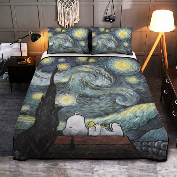 Snoopy, Snoopy Peanuts Woodstock Starry Night Gift For Fan Duvet Quilt Bedding Set 1257