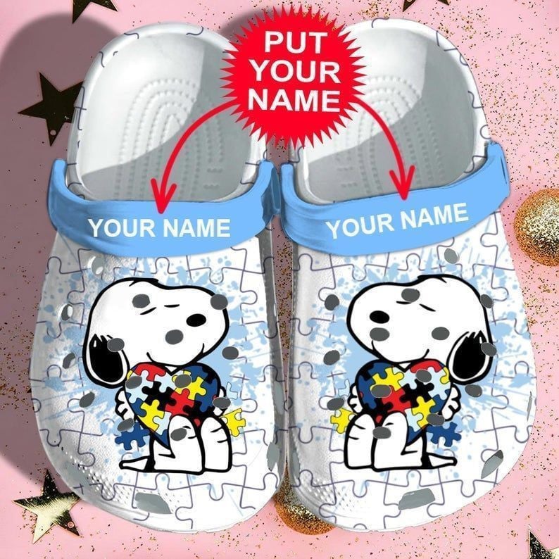 Snoopy Autism W Heart Pattern Crocs Classic Clogs Shoes In Blue & White