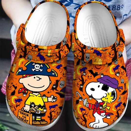 Snoopy Disney W Skull Pattern Crocs Classic Clogs Shoes In Orange & Black