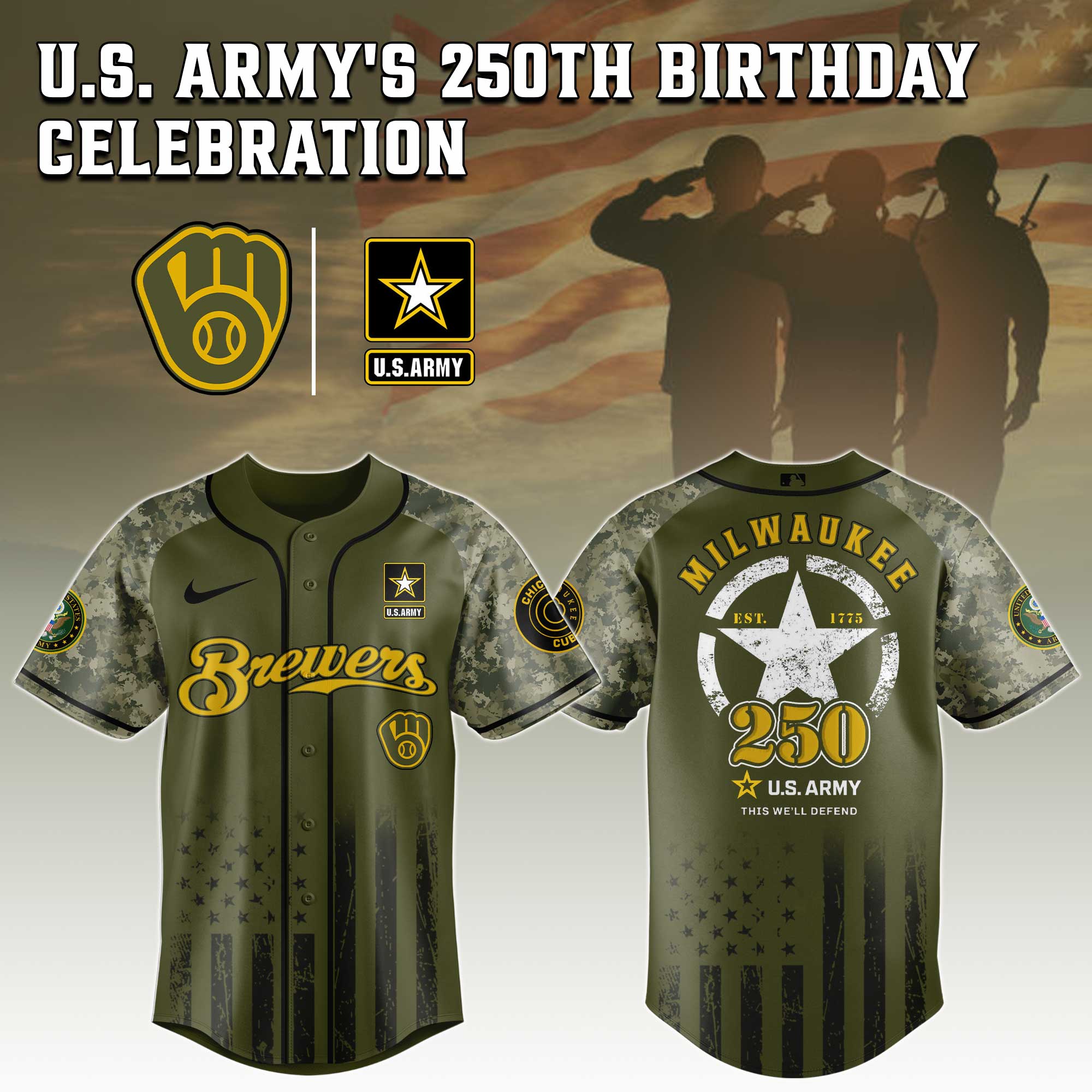 Milwaukee Brewers MLB 250th anniversary US Army Jersey 