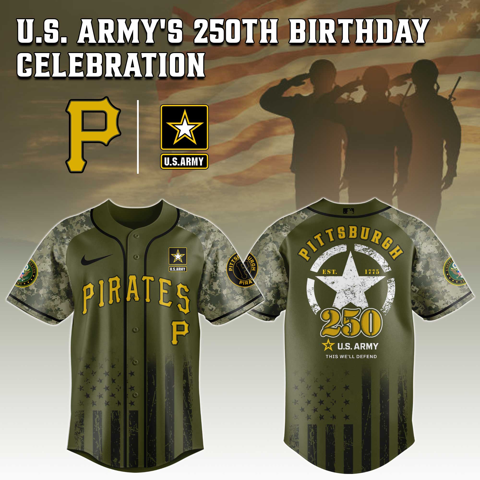 Pittsburgh Pirates MLB 250th anniversary US Army Jersey 