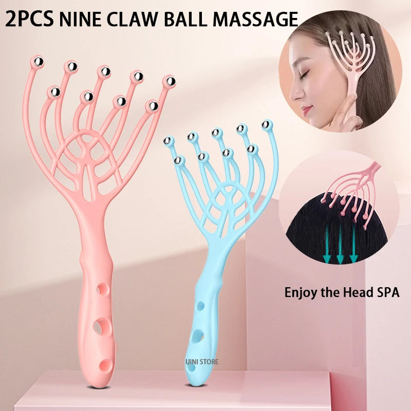 2Pcs Head Massager Scalp Neck Comb Roller Five Finger 9 Claws Steel Ball Hand Held Relax Spa Hair Care For Hair Stress 2027